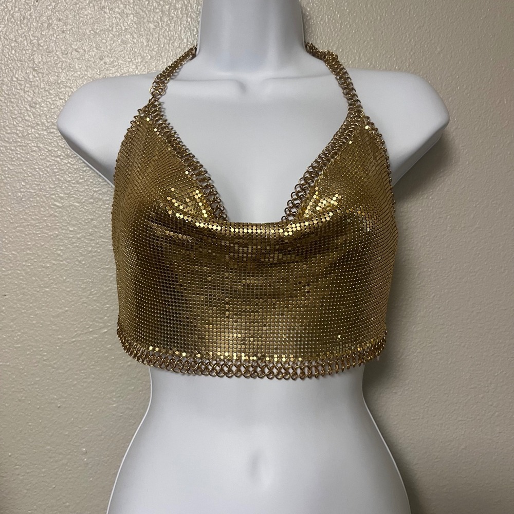 12th Tribe Chainmail Halter Top Womens OS Gold Mesh Festival Party Disco Y2K New